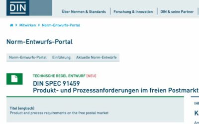DIN Norm „SPEC 91459 Produkt- und Prozessanforderungen im freien Postmarkt